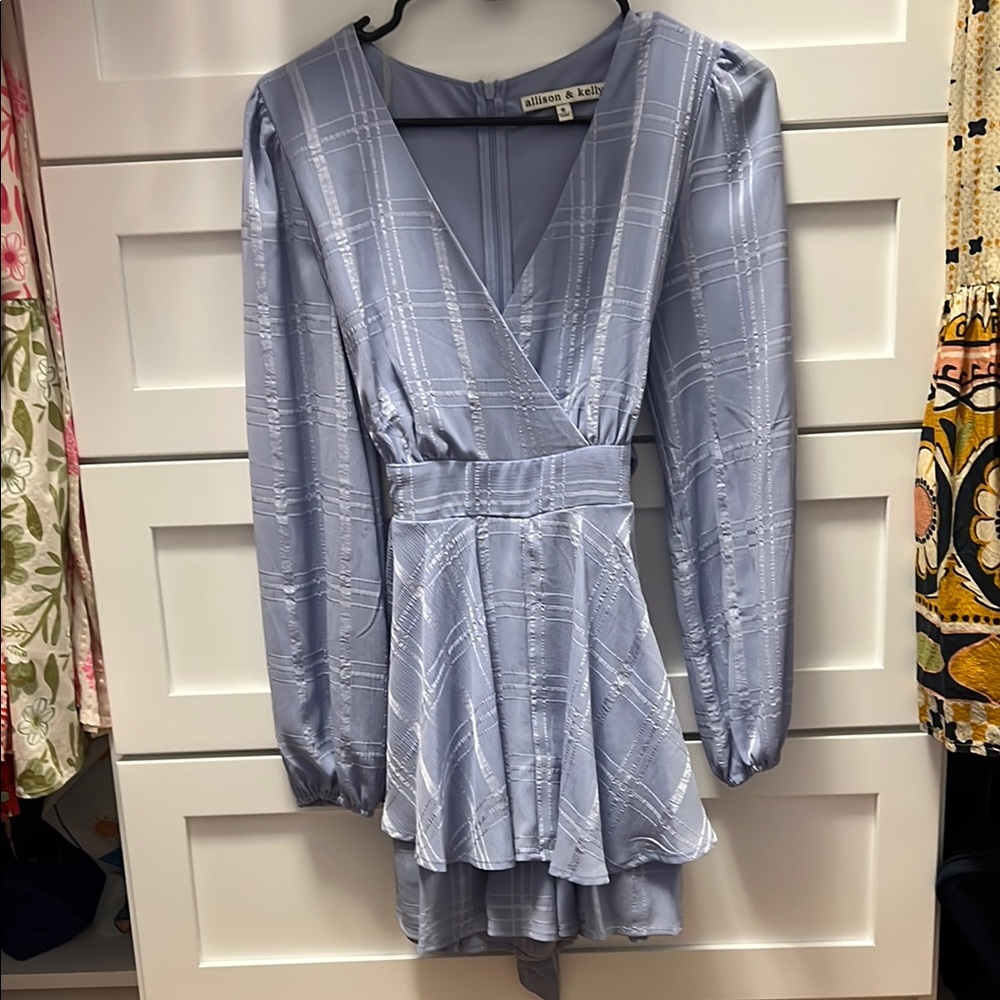 Blue Long Sleeve V-Neck Sundress for Wedding Guest